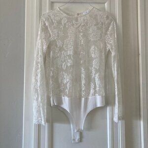 NWOT Ces Femme Free People Floral Lace Mesh Bodysuit White Sz L